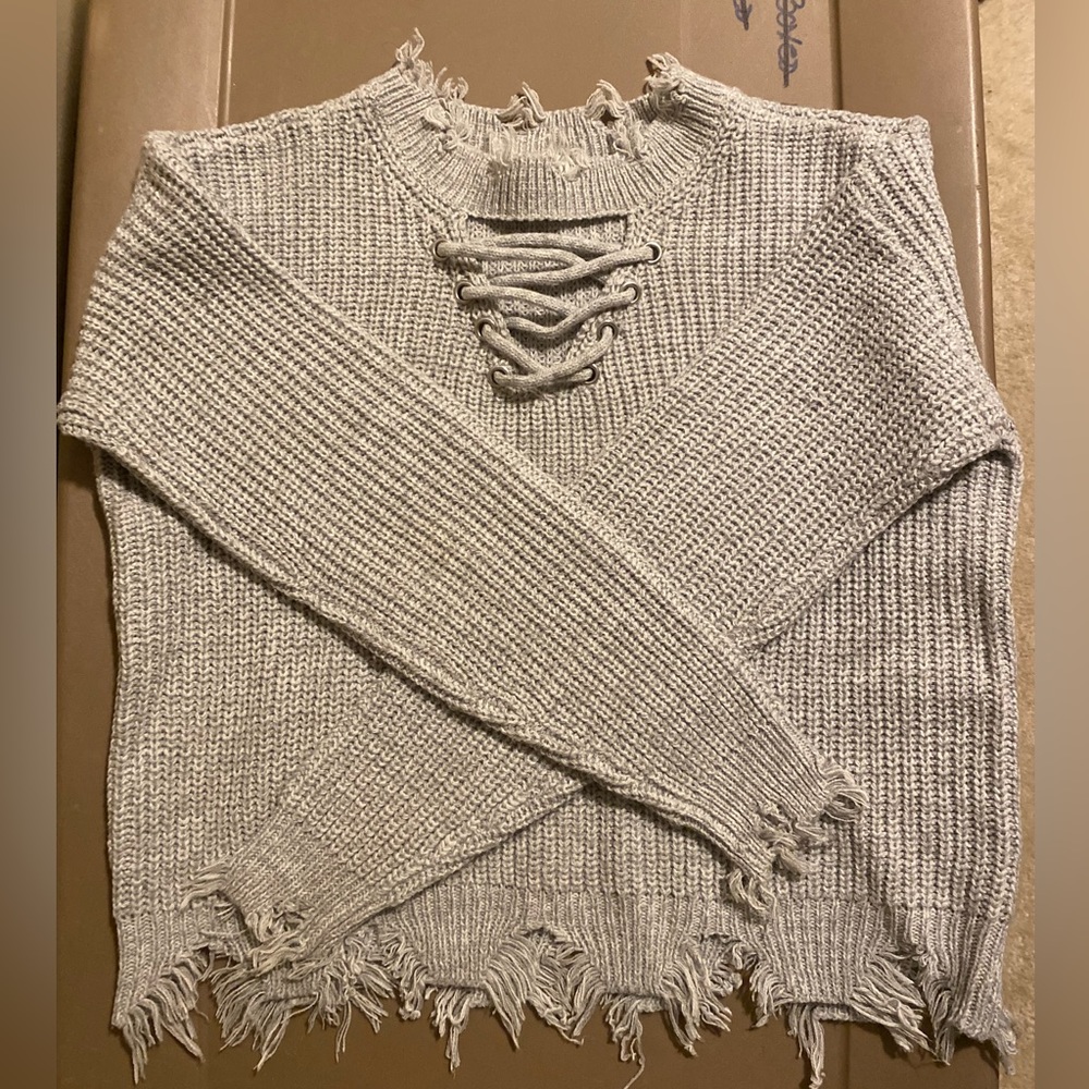 Planet Gold XS Heather Gray Tattered Sweater Lace Up Front